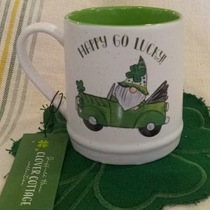 Gnome St. Patrick's day mug, happy go lucky with tag, clover cottage